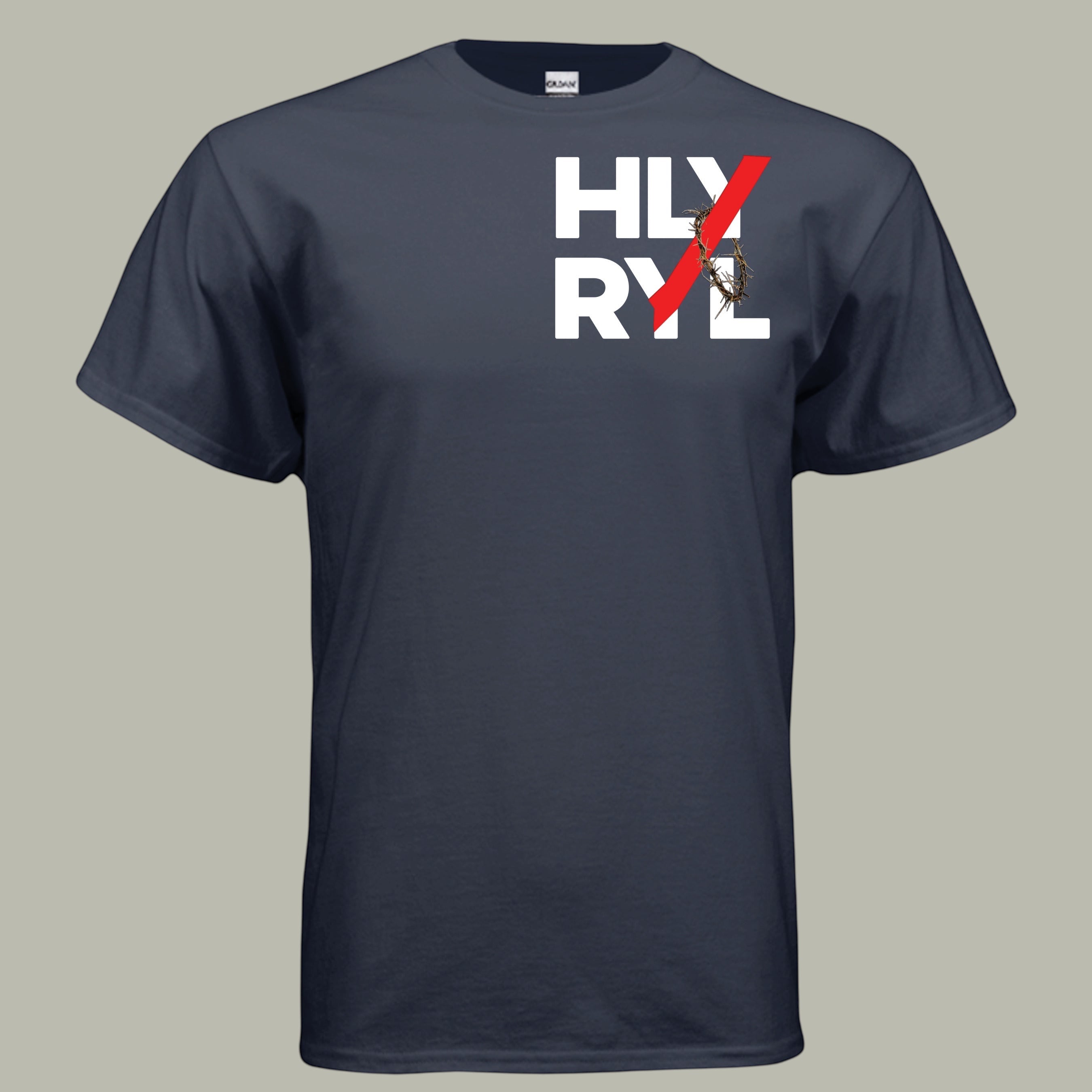 Holy and Royal navy blue t-shirt with white HLY RYL graphic and red stripe over crown of thorns.
